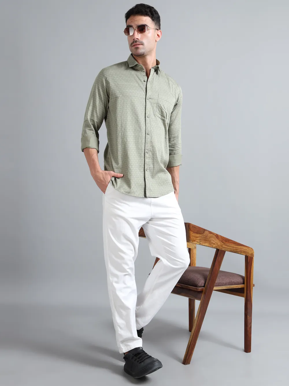 Olive Green Geometric Printed Shirt